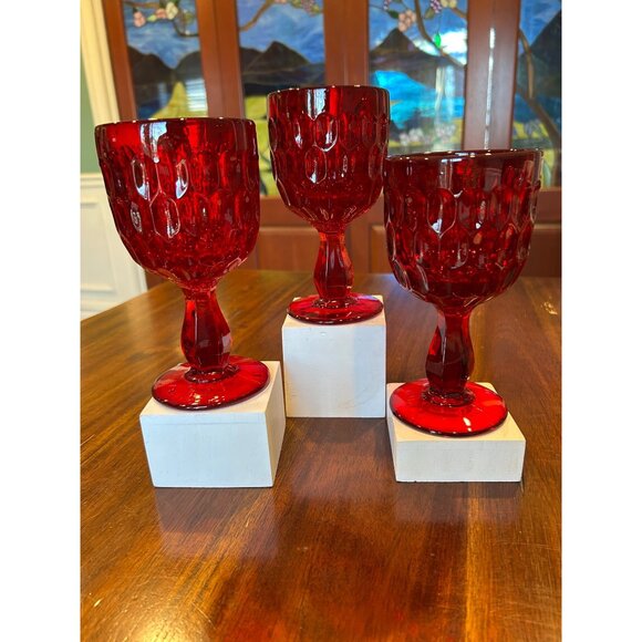 Ruby Red Fenton Thumbprint Wine Goblets. - Picture 1 of 9